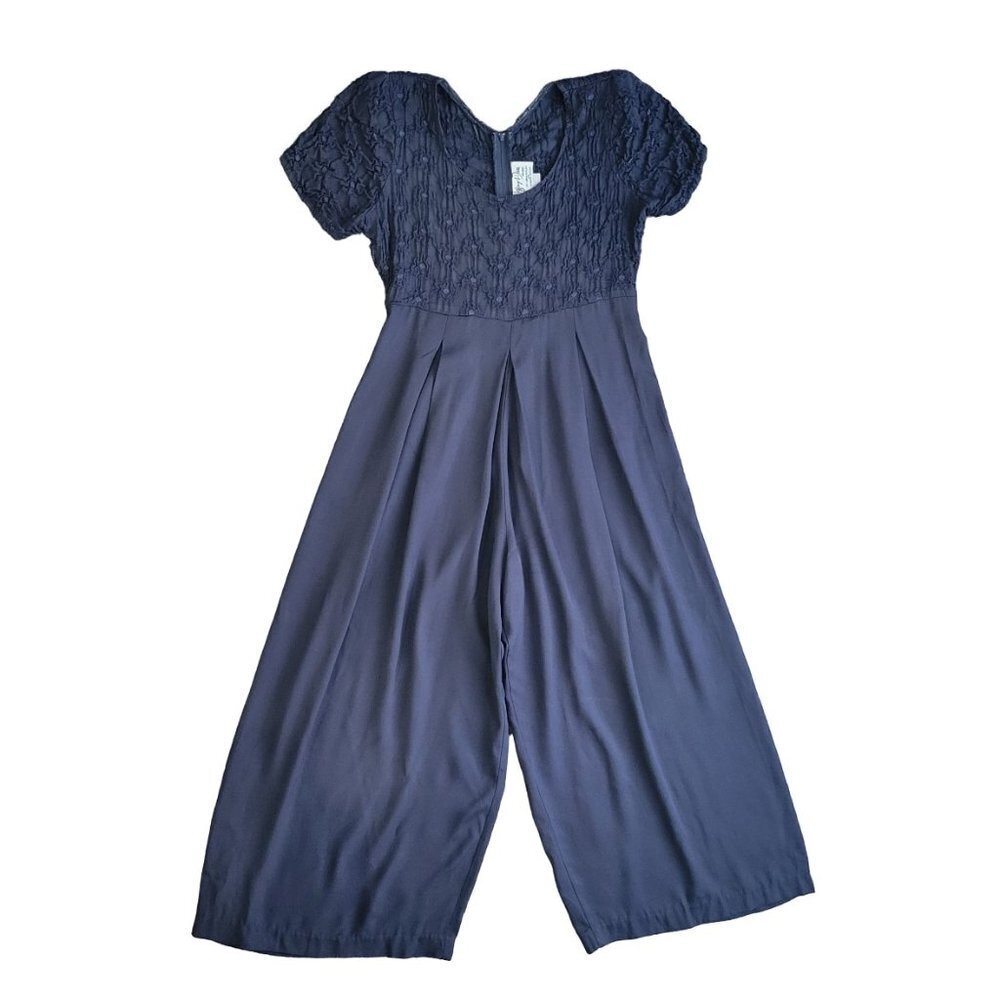 Vintage Jeffrey & Dara Petit Jumpsuit Navy Smocked Floral Palazzo Size 4 - Picture 8 of 13